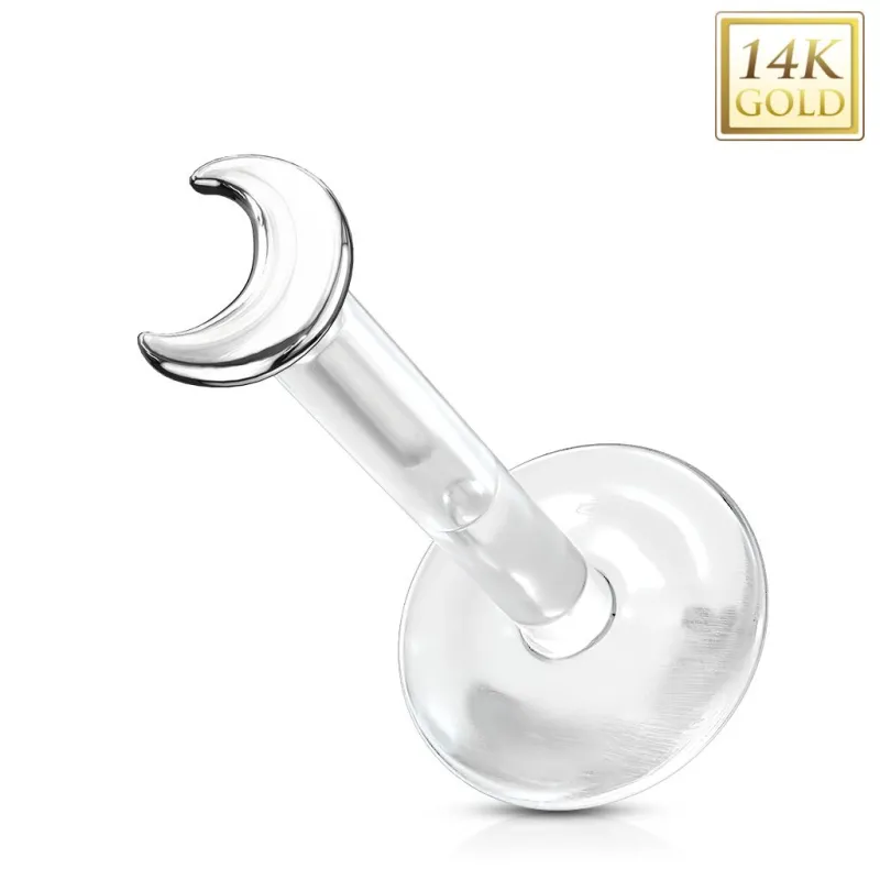 Piercing oreille labret Bioplast embout lune en Or Blanc 14 Carats