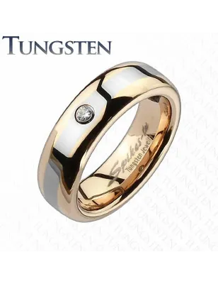 Bague tungstène or rosé centre argenté strass