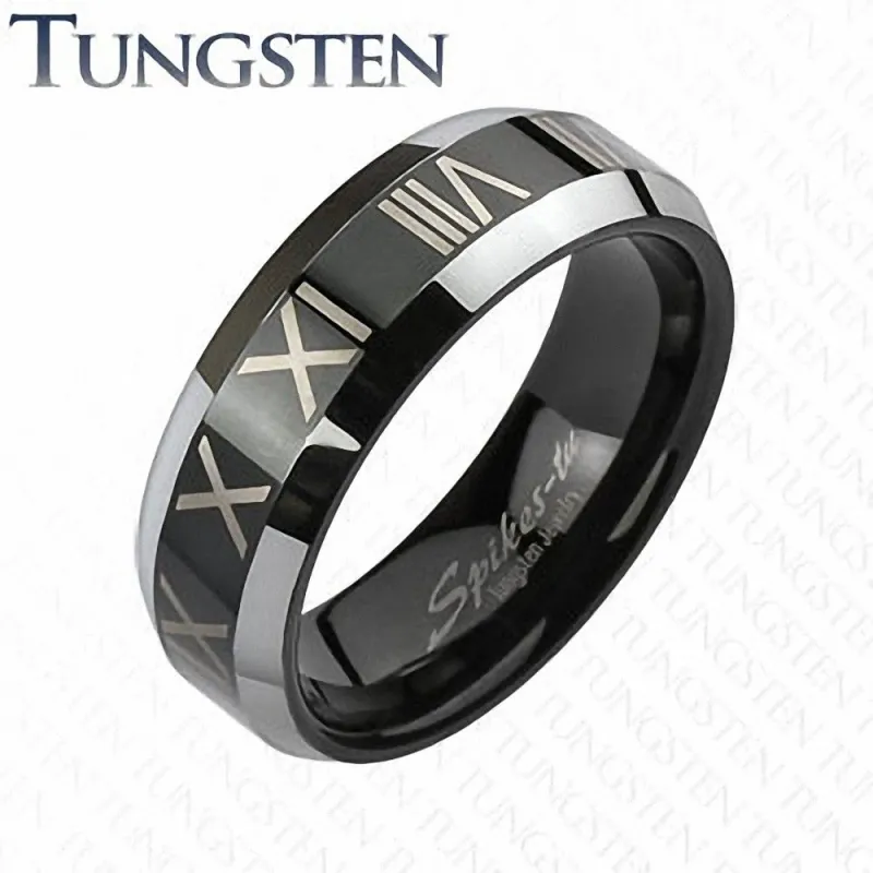 Bague Tungstène Chiffres Romains Noir