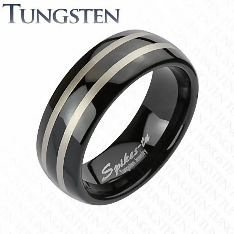 Bague tungstène noir double strie homme