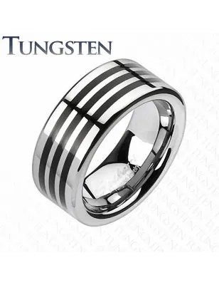 Bague homme tungstène triple rainure noire