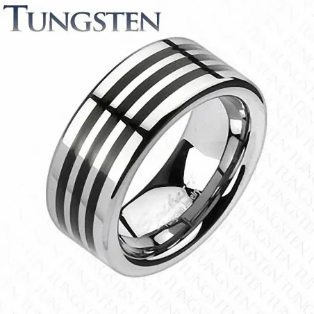 Bague homme tungstène triple rainure noire