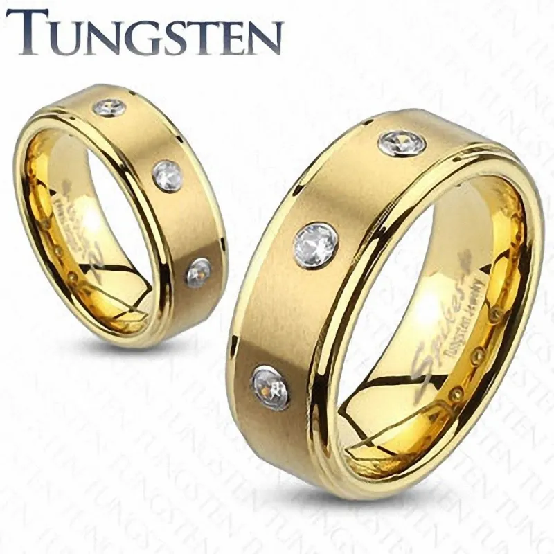 Bague Tungstène Dorée Triple Gemmes