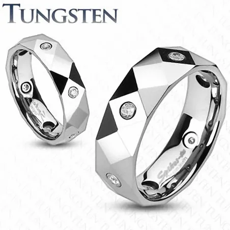 Bague de fiançailles en tungstène facettes losanges