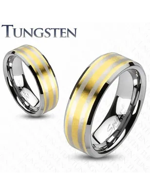 Bague en tungstène dorée double ligne argentée