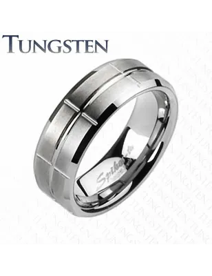 Bague homme en tungstène mat rainures croix