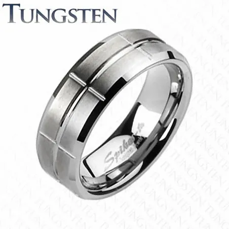 Bague homme en tungstène mat rainures croix