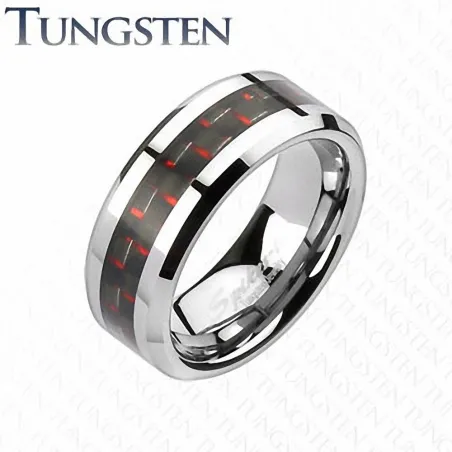 Bague Tungstène Fibre de carbone Noir et Rouge - Bague homme et femme en tungstene