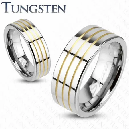 Bague Tungstène Lignes Dorées