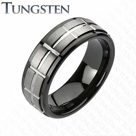 Bague homme tungstène noir centre argenté croix