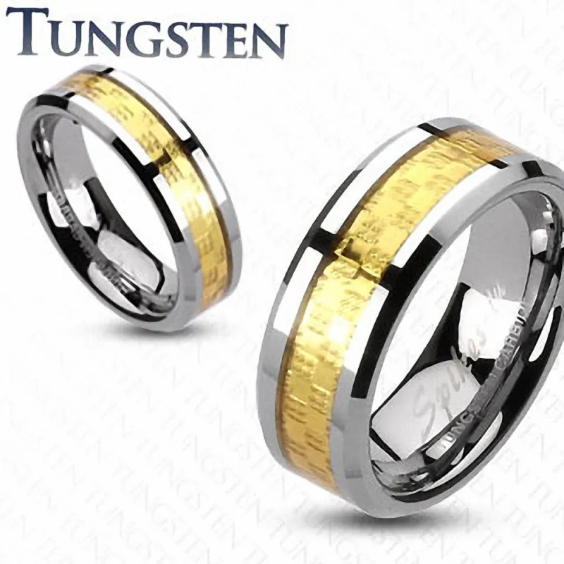 Bague en Tungstène Motif Damier Doré