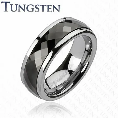 Bague homme en Tungstène Multi-facettes Prisme Noir