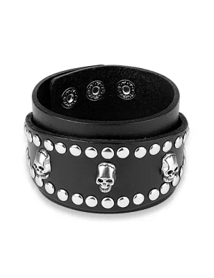 Bracelet homme en cuir noir trois skulls clous