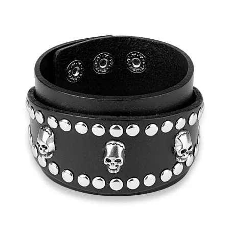 Bracelet homme en cuir noir trois skulls clous