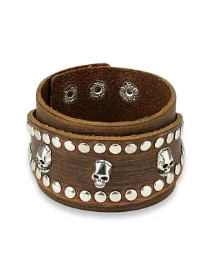 Bracelet homme en cuir marron trois skulls clous