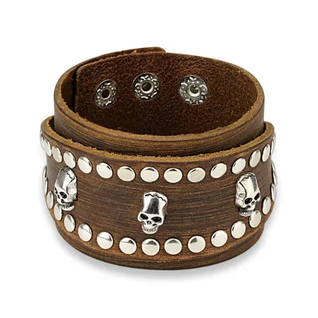 Bracelet homme en cuir marron trois skulls clous