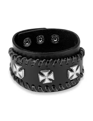 Bracelet homme en cuir noir trois croix de fer