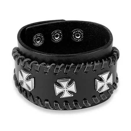 Bracelet homme en cuir noir trois croix de fer