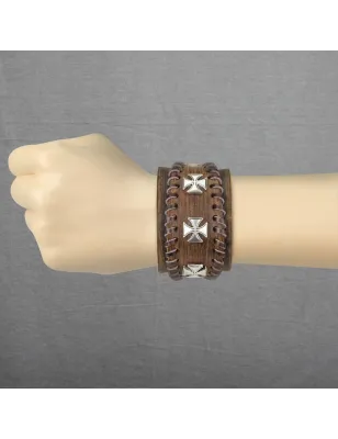 Bracelet homme en cuir marron trois croix de fer