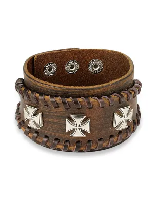 Bracelet homme en cuir marron trois croix de fer