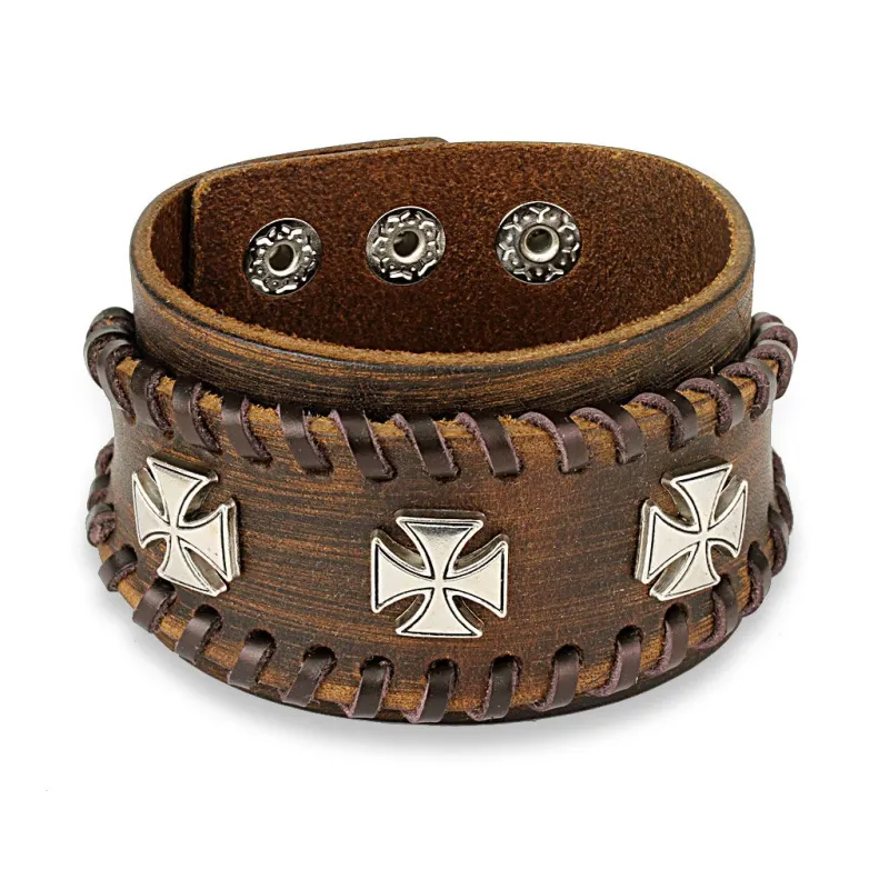 Bracelet homme en cuir marron trois croix de fer