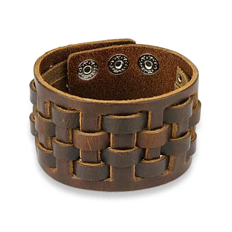 Bracelet homme en cuir marron à damier tissé