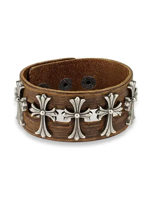 Bracelet homme en cuir marron avec cinq croix celtiques