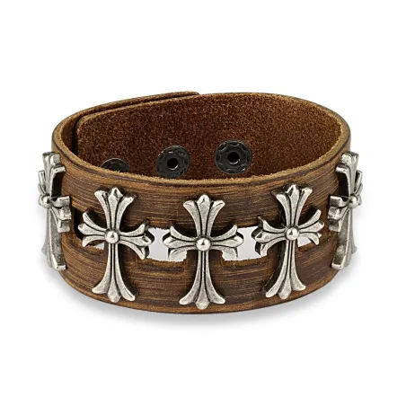 Bracelet homme en cuir marron avec cinq croix celtiques