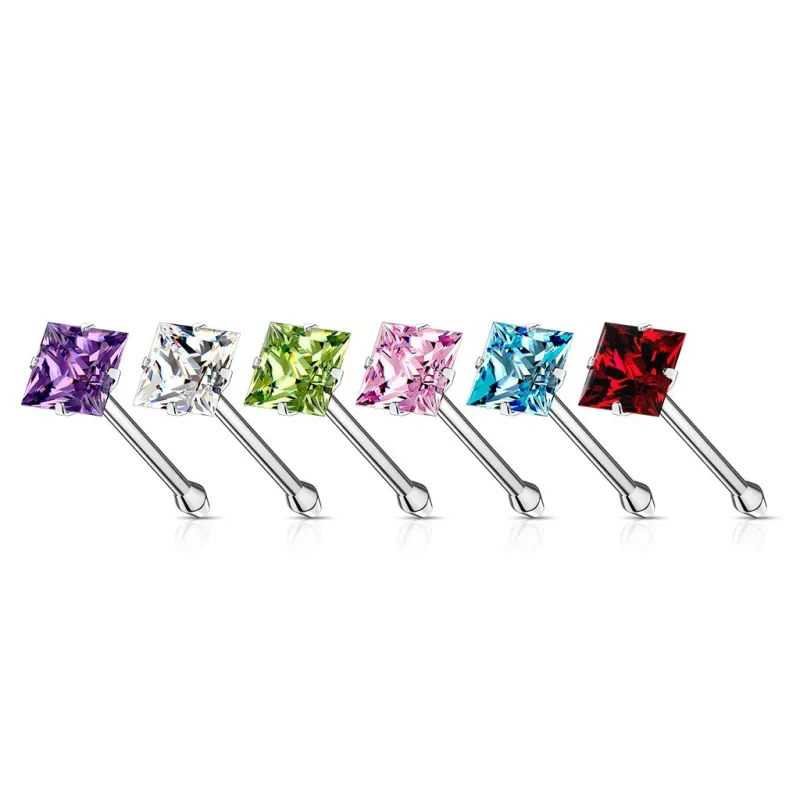 Piercing nez Strass Carré Tige Droite Acier - Bijou Piercing Nez