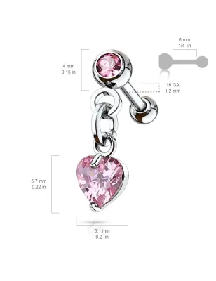 Piercing oreille cartilage hélix pendentif coeur cristal rose