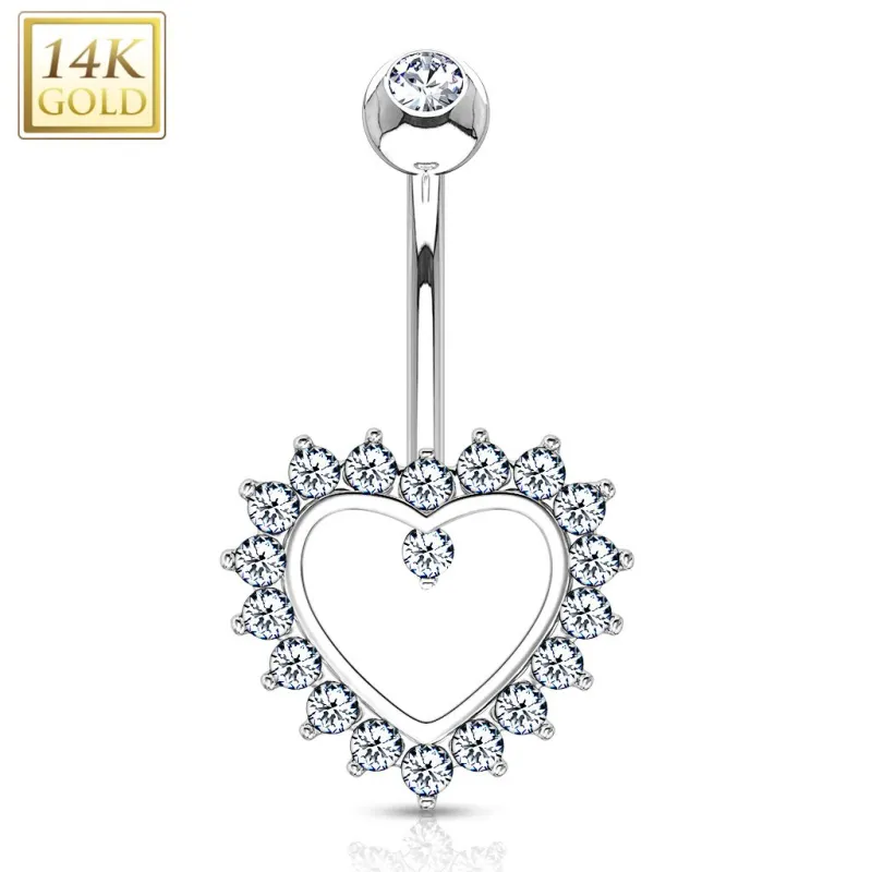 Piercing nombril Or blanc 14 carats Coeur Pavé de Strass