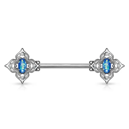 Piercing téton filigrane floral opaline bleue