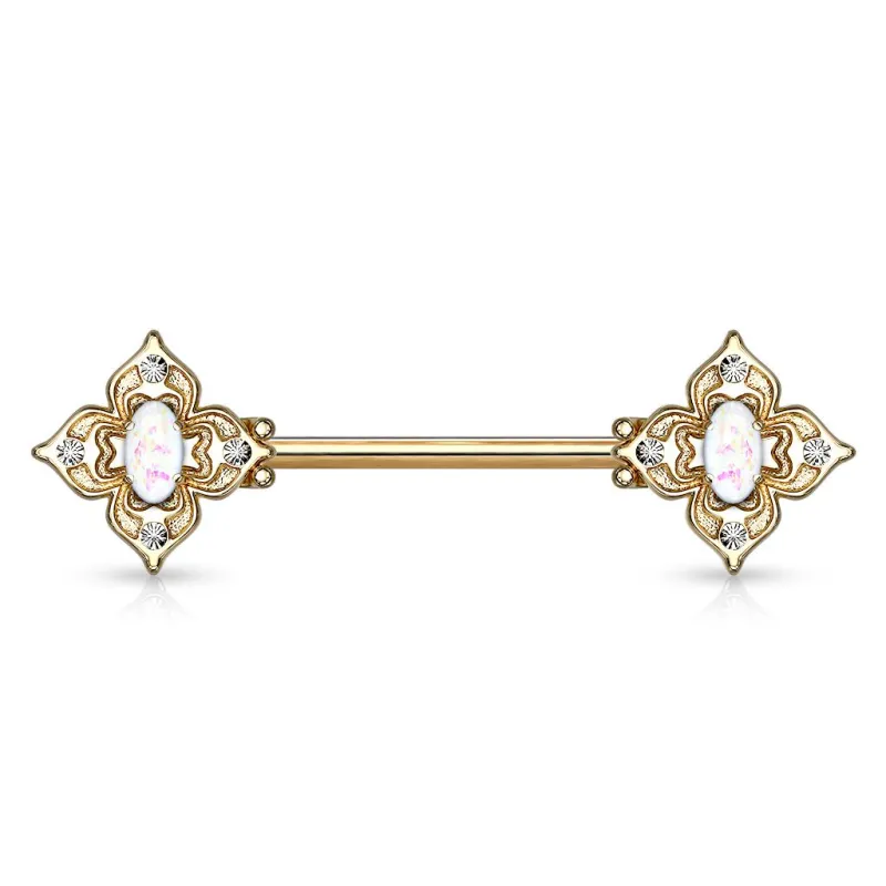 Piercing téton filigrane floral doré opaline blanche