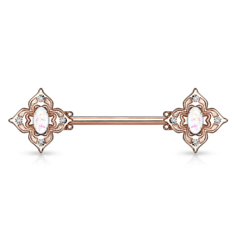 Piercing téton filigrane floral rosé opaline blanche