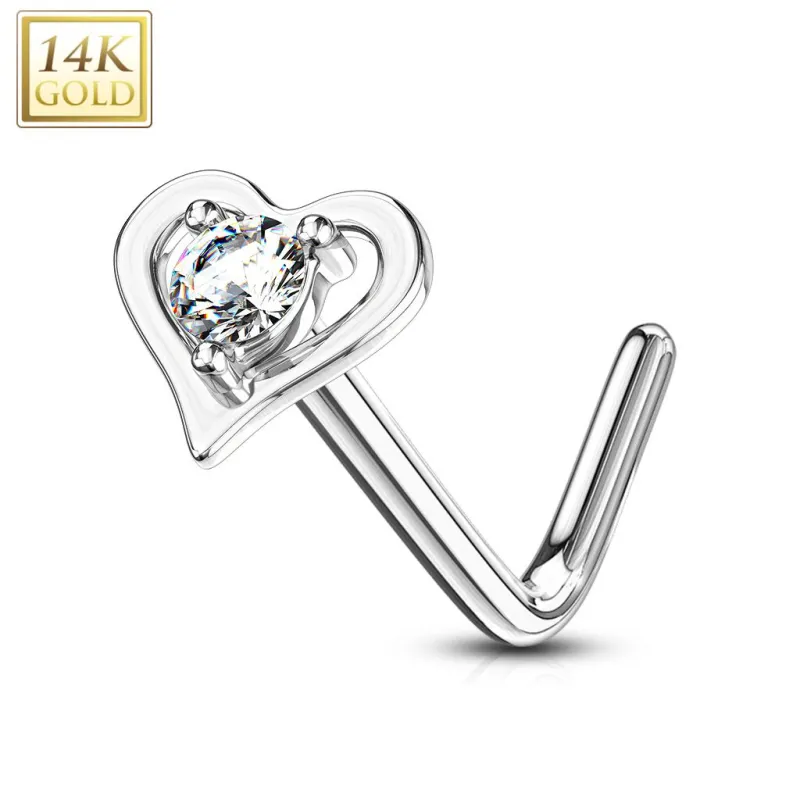 Piercing nez Or blanc 14 carats coeur gemme blanc