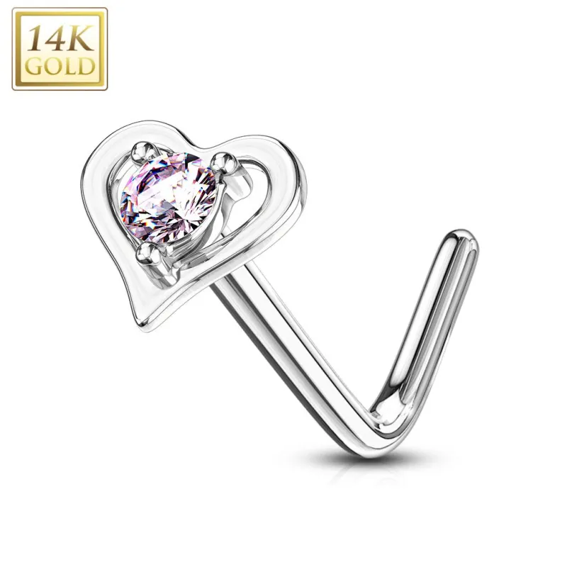 Piercing nez Or blanc 14 carats coeur gemme rose