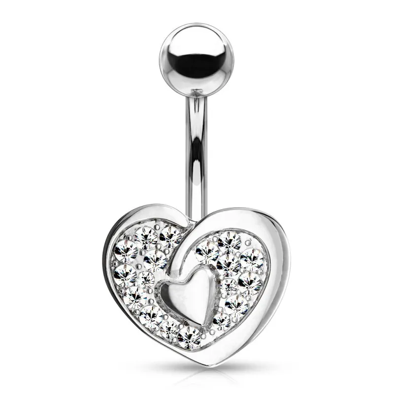 Piercing nombril acier coeur pavé de strass