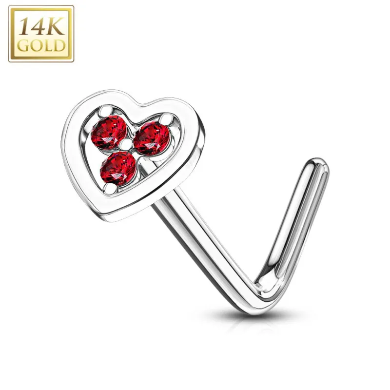 Piercing nez Or blanc 14 carats coeur trois strass rouges