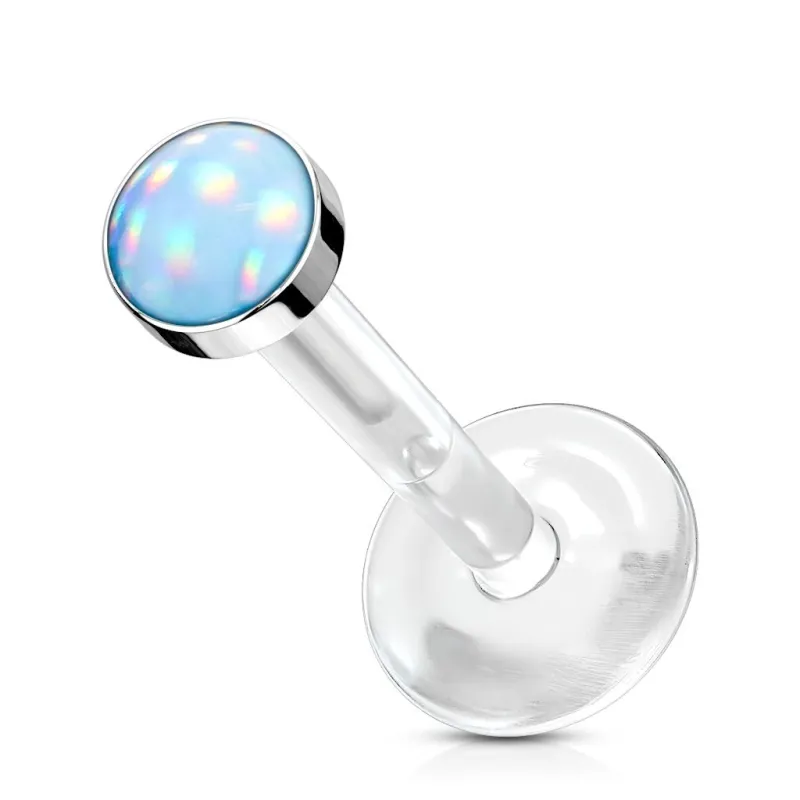 Piercing oreille labret Bioflex Téflon pierre lumineuse bleue