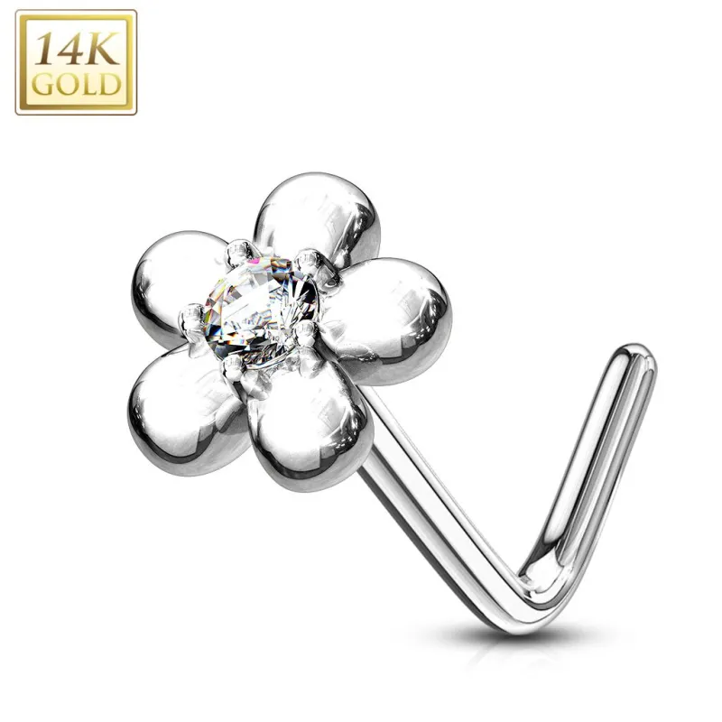 Piercing nez Or blanc 14 carats fleur pétales blanc