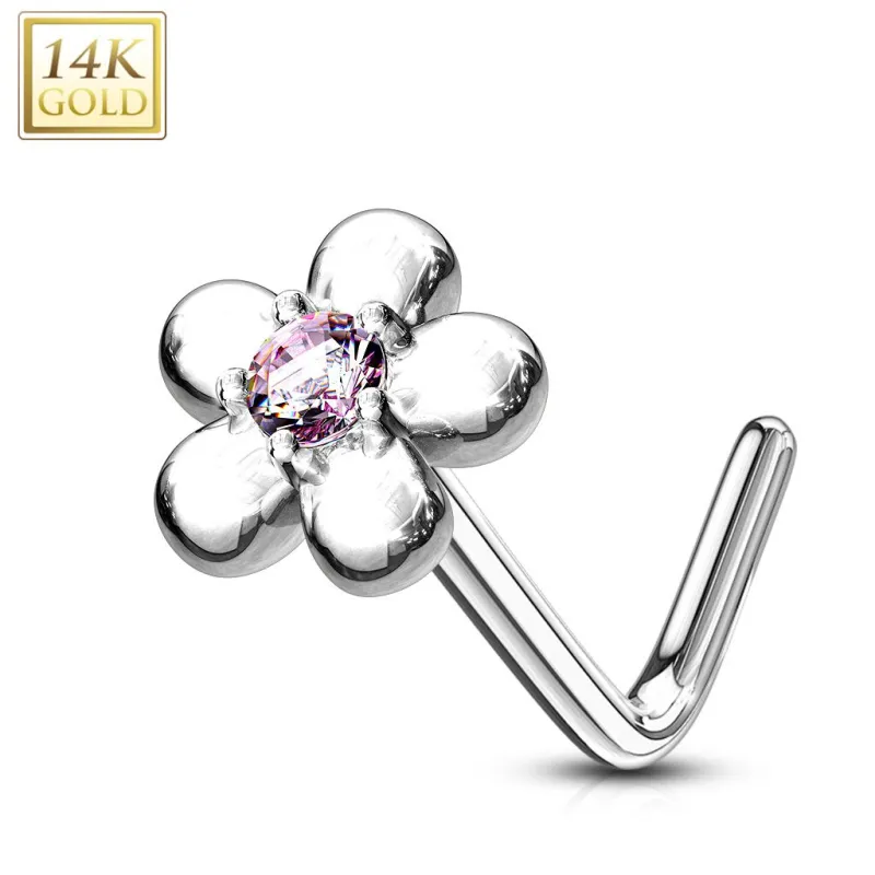 Piercing nez Or blanc 14 carats fleur pétales rose