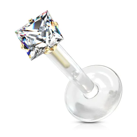 Piercing labret Bioflex Téflon strass carré embout doré