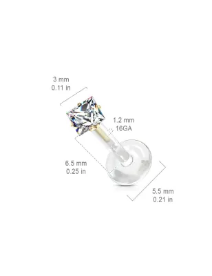 Piercing oreille labret Bioflex Téflon strass carré embout doré