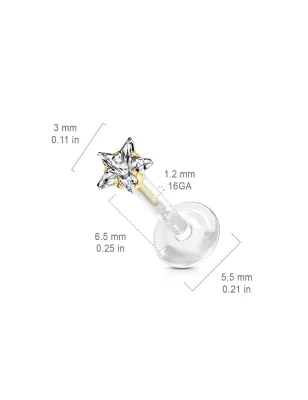 Piercing labret Bioflex Téflon strass étoile embout doré