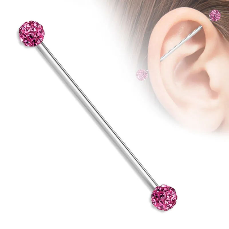 Piercing industriel oreille boules pavées cristaux rose