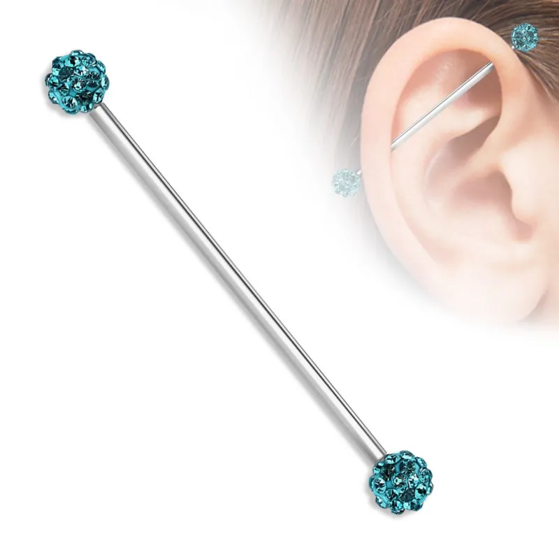 Piercing industriel oreille boules pavées cristaux turquoise