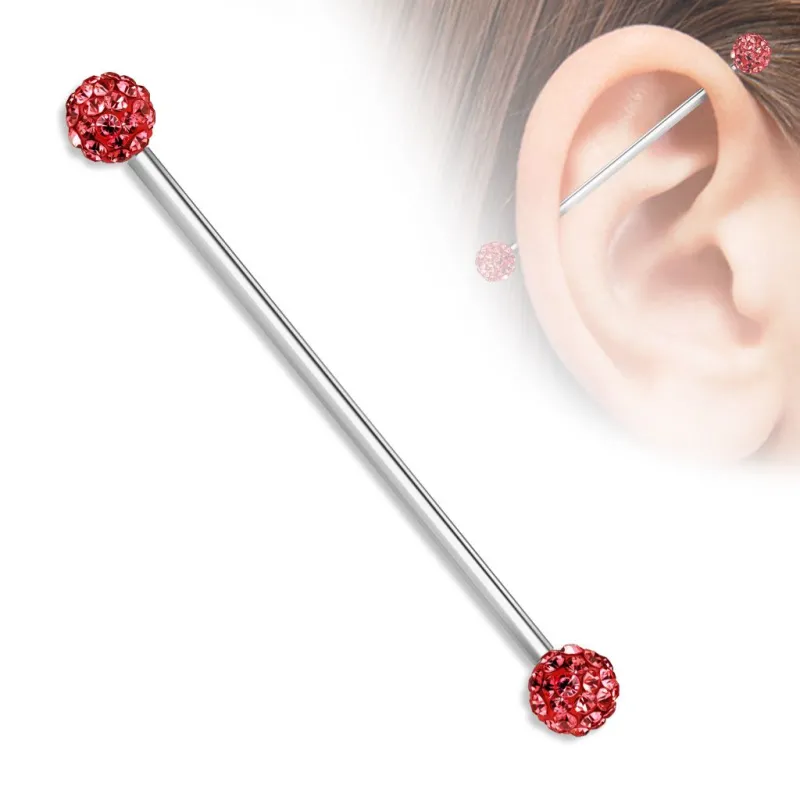 Piercing industriel oreille boules pavées cristaux rouge