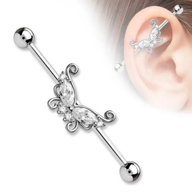 Piercing industriel oreille papillon pierres blanches