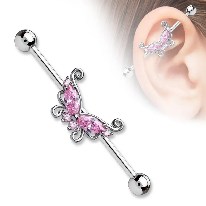 Piercing industriel oreille papillon pierres roses