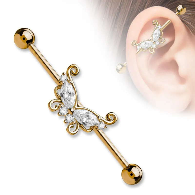 Piercing industriel oreille papillon pierres blanches plaqué or rose